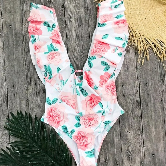 New! Festival Roses Print Plunge Front Swimsuit - Picture 4 of 8